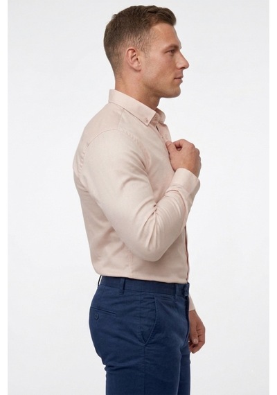 Deepsea Bej Slim Fit Likralı Kolay Ütülenebilir Gizli Düğmeli Erkek Gömlek 2602614