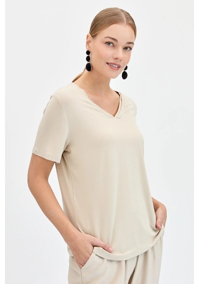 Desen Triko Kadın V Yaka Yakası Simli T-shirt Kmy24039 Vizon