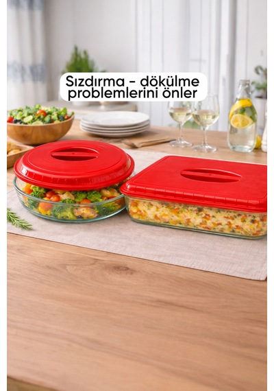 Kırmızı Sızdırmaz Borcam Kapağı Yuvarlak Ve Dikdörtgen Gıda Saklama 29x38 Cm