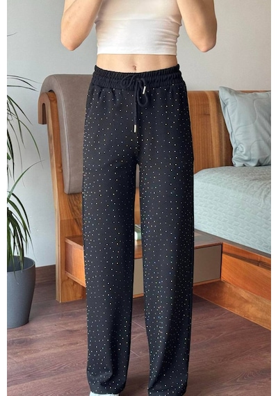 Pera Aksesuar Geniş Paça Siyah Beli Lastikli Taşlı Pantolon Siyah Siyah