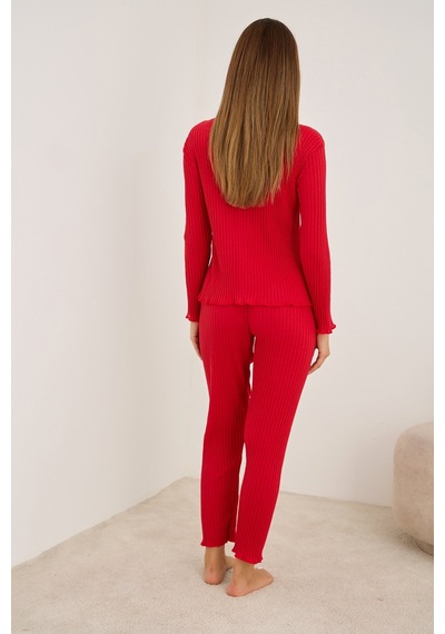 Siyah İnci Fitilli Kaşkorse Uzun Kollu Pijama Takım 7937 Kırmızı