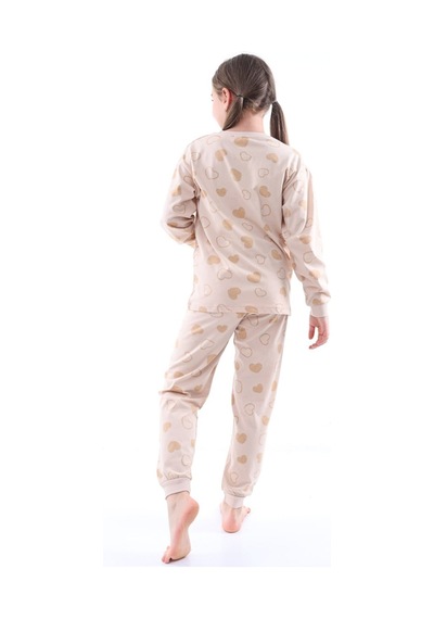 Uzun Kollu %100 Pamuk Kız Çocuk Pijama Takımı Bisiklet Yaka Manşetli 3-8 Yaş Pudra