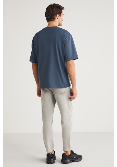 Grimelange Joel Erkek %100 Organik Pamuklu Kalın Kumaşlı Özel Dokulu Etiket Detaylı Oversize Indigo T-shirt