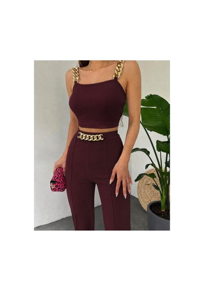 Butik İstanbul Kadın Zincir Askılı Krop Ithal Krep Bluz Ve Pantolon Ikili Takım Bordo