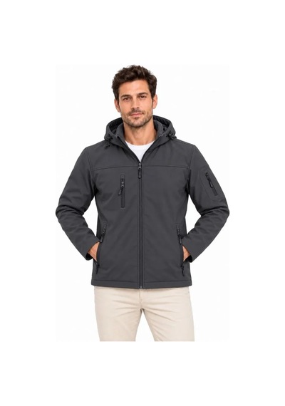Erkek Su Geçirmez Softshell İçi Polar Astarlı Çıkarılabilir Kapüşonlu 4 Cepli Mont Ceket - Füme