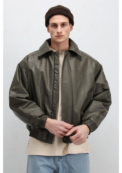 Vamos Oversize Deri Bomber Ceket Haki