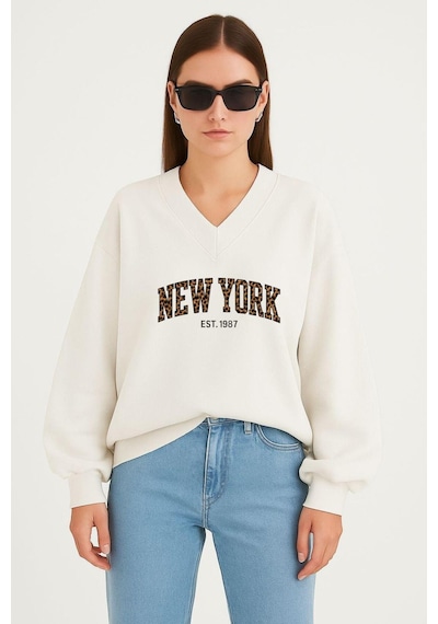 Benroma New York Baskılı Ünisex V Yaka Sweatshirt Beyaz