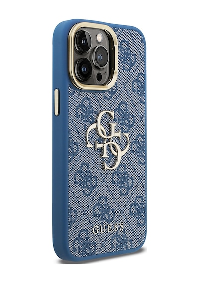 Apple iPhone 13 Pro Max Uyumlu Kılıf Guess Lisanslı Metal 4g Ve Yazı Logolu Kamera Standlı Kapak Mavi