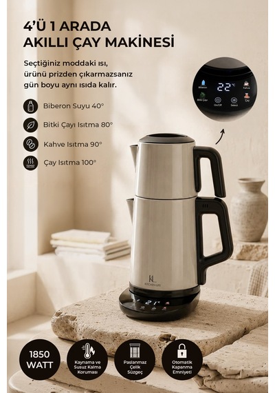 Demzade 4'in 1 Dijital 5 Fonksiyonlu Çelik Elektrikli Çay Makinesi Alt 1,7 Lt Üst 0,9 Lt Çay Seti