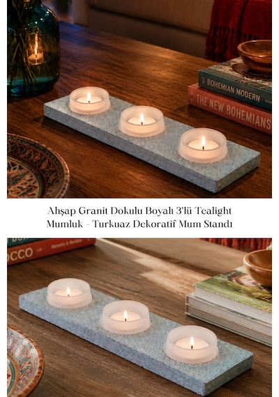 Ahşap Granit Dokulu Boyalı 3 Lü Tealight Mumluk Turkuaz