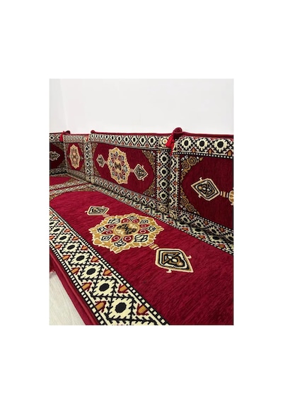 Güneş Modeli Bordo Otantik Şark Köşesi Takımı L Set - Geleneksel Yer Minderi Seti 10 Cm Minder Kalınlığı 9 Parça