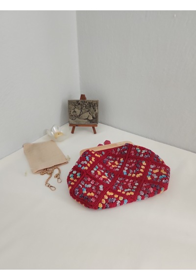 Fikriharika Design Retro, Motifli, Ahşap Burslu, Kadın El Çantası Bordo