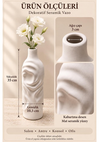Beyaz Dalgalı Desen Vazo 35 Cm El Yapımı Kabartma Desenli Dekoratif Çiçek Vazosu Salon Konsol Dekoru