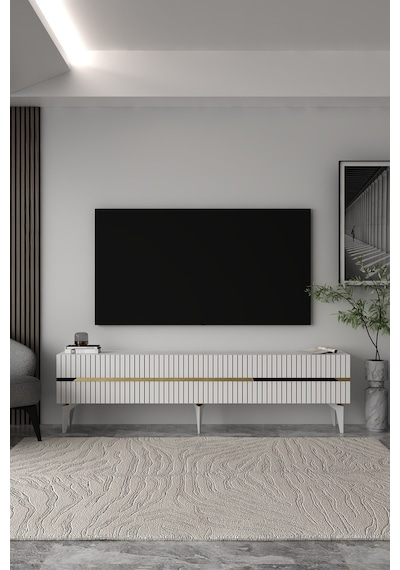 180dhdts5ba Tedy 3 Kapaklı Pleksi Lazer Desen Tv Sehpası Altın - Beyaz
