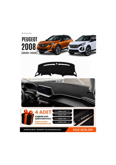Peugeot 2008 2020-2026 Uyumlu Torpido Koruma, Torpido Örtüsü, Torpido Kılıfı - Siyah Gri