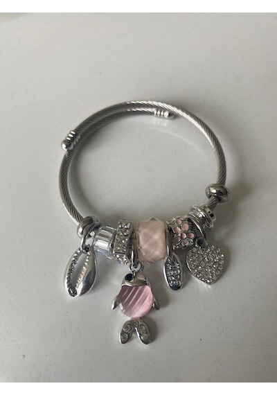 Uzel Çelik Bileklik Gümüş Silver Model Pembe, Balık Char...