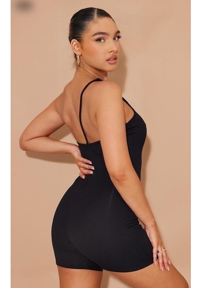 Butik İstanbul Kadın Asimetrik Askılı Mini Kaşkorse Bodycon Tulum Siyah