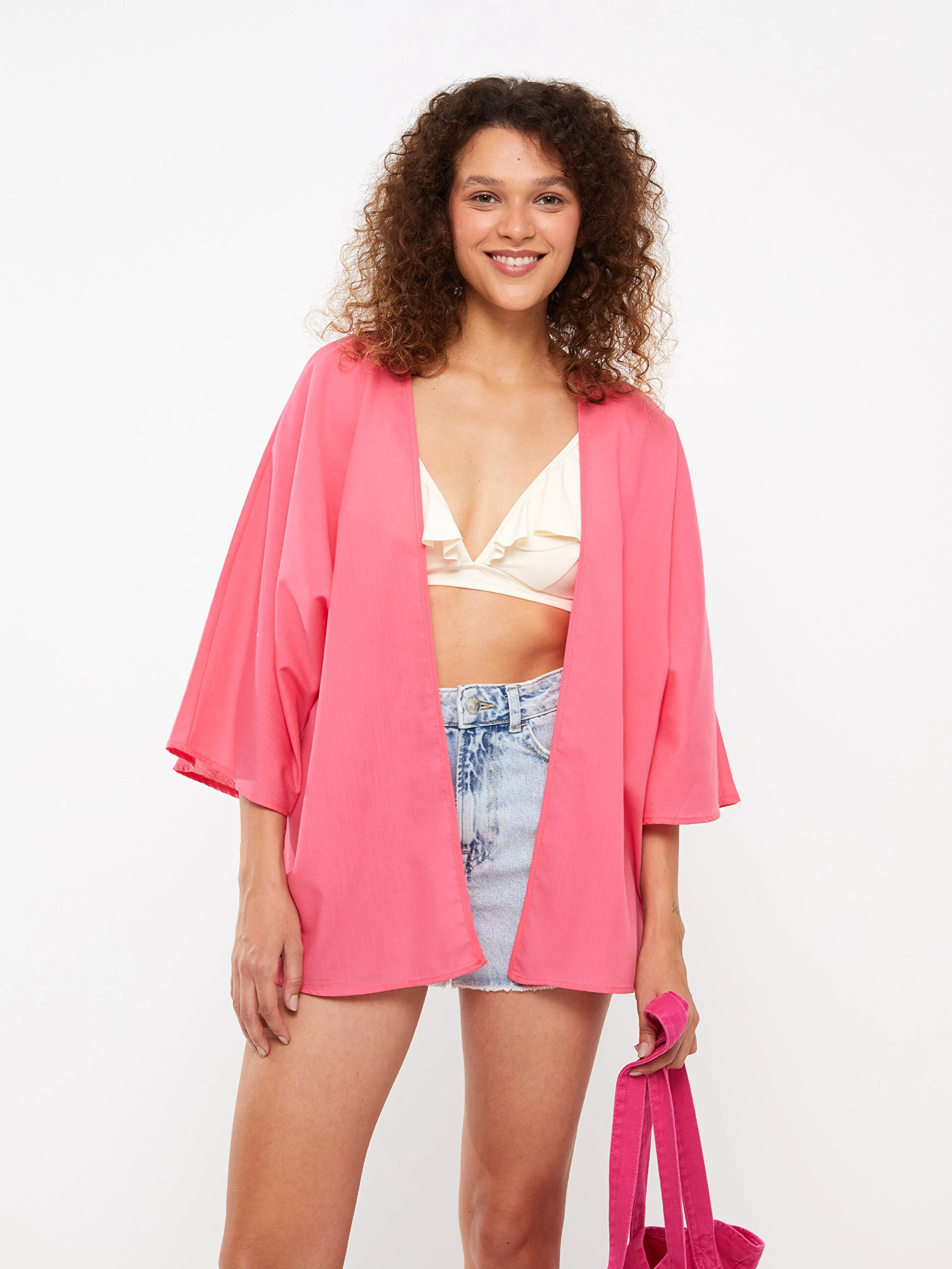 LC Waikiki Lcw Eco Pembe Şal Yaka Düz Poplin Kadın Kimono