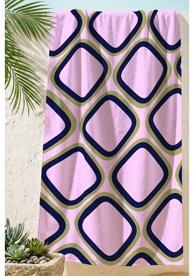 Geometrik Retro Modern Plaj Havlusu - Pembe Lacivert Bohem Akdeniz Hızlı Kuruyan Mikrofiber Havlu Ayaz Deniz