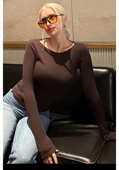 Madmext Acı Kahve Kayık Yaka Uzun Kollu Kadın Top Body Mg2267 Acı Kahverengi