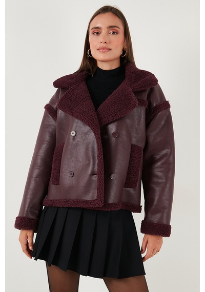 Lela Oversize Kruvaze Yaka Peluş Detaylı Suni Deri Biker Ceket Bayan Mont 6810247 Bordo