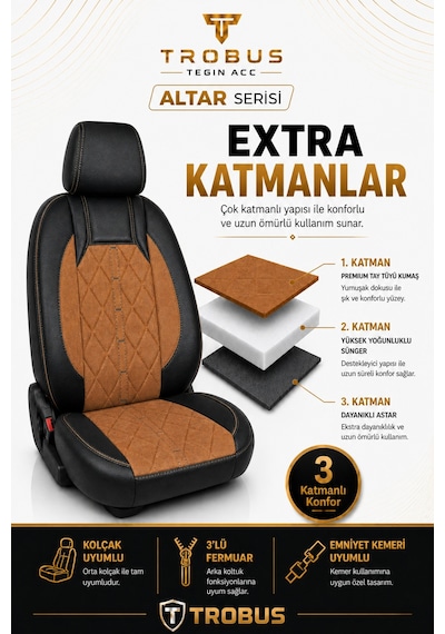 Fiat Egea Cross 2020+ Uyumlu Altar Serisi Tay Tüyü Taba Siyah Premium Koltuk Kılıfı