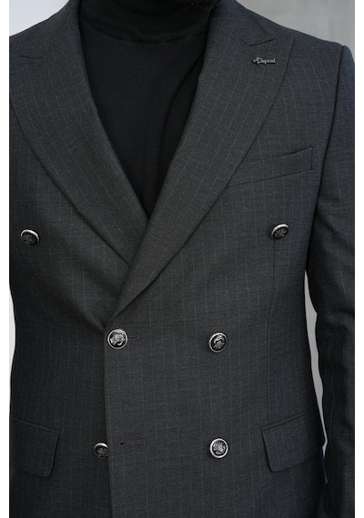 Dupont Classics Dupont Slim Fit Sivri Yaka 6 Drop Çift Yırtmaç Çizgili Viskon Kruvaze Erkek Takım Elbise Antrasit - Gri