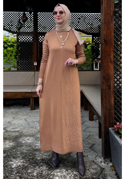Rabia Şamlı Zebra Desen Triko Elbise Camel Normal