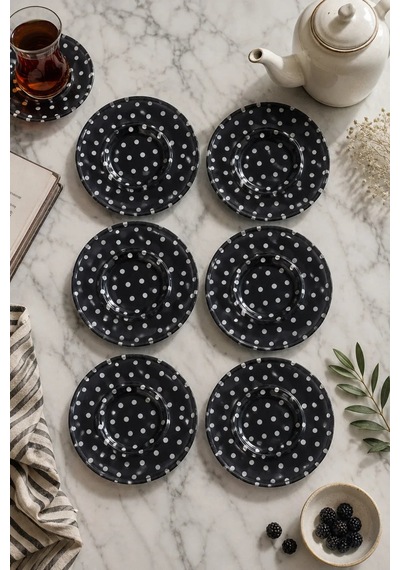 6 Lı Cam Çay Tabağı Siyah Beyaz Puantiyeli Desen 12 Cm 6 Adet Çay Tabak