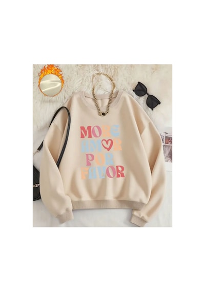 Herkesemoda More Amor Baskı Desen Detaylı Bisiklet Yaka Sweatshirt Bej