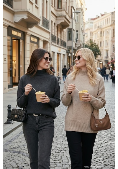 Lela Oversize Fit Balıkçı Yaka Yumuşak Dokulu 2'Li Paket Triko Bayan Kazak 680Kz00469S2 Vizon-Antrasit