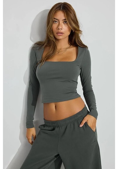 Seeh Füme Kare Yaka Uzun Kollu Kadın Body Sh206