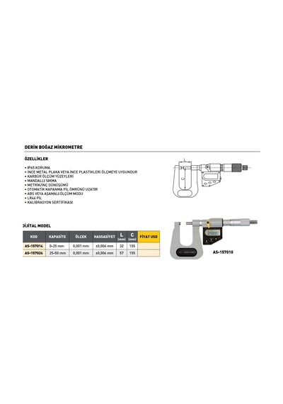 Fett As-157024 25-50 mm Asimeto Dijital Derin Boğaz Mikrometre