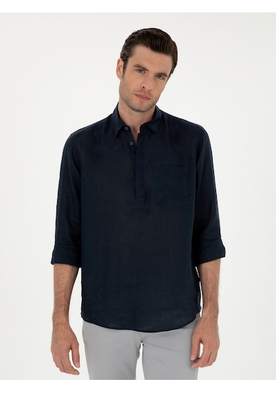 Cacharel Lacivert Slim Fit Yarım Düğmeli %100 Keten Gömlek