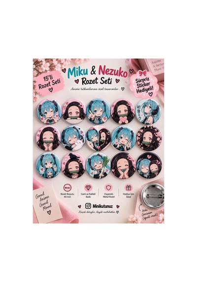 Minikutunuz Miku & Nezuko 15 Li Anime Rozet Seti 44 Mm İğneli Yaka Rozeti Diğer