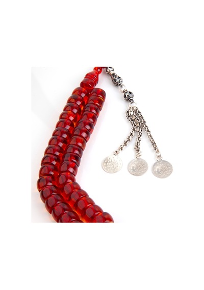 Osmanlı Ateş Kehribar 1900'ler Dönem İşi 925 Ayar Gümüş Püskül Fıçı Kesim 14x8mm Tesbih Kırmızı