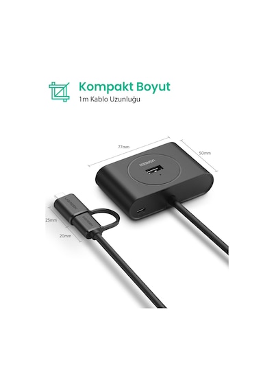 Ugreen Usb A/usb C To 4 Port Usb 3.0 Hub Çoklayıcı Siyah 1 Metre, 40850