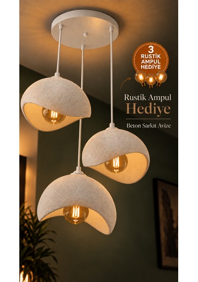 Beton Görünümlü 3'lü Sarkıt Avize Bohem Modern Salon Yemek Masası 3 Rustik Led Ampul Hediyeli Beyaz