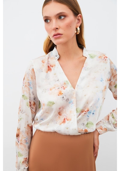 Sateen Desenli Kruvaze Bluz - Vizon-135216 Vizon Sateen Desenli Kruvaze Bluz - Vizon-135216 Vizon
