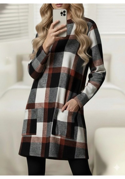 Valensdesign Kadın Uzun Kollu Yarı Balıkçı Yakalı Cep Detaylı Ekoseli Dokuma Tunik Desenli Valensdesign Kadın Uzun Kollu Yarı Balıkçı Yakalı Cep Detaylı Ekoseli Dokuma Tunik Desenli