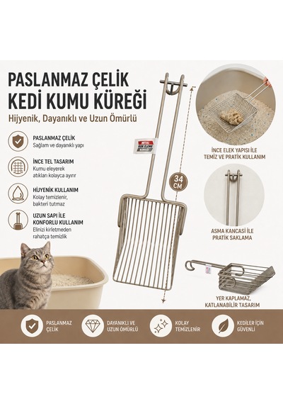 Paslanmaz Çelik Kedi Kumu Küreği - Dayanıklı Metal Kum Eleme Küreği, Hijyenik Ve Uzun Ömürlü 34 Cm