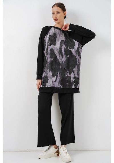 Bigdart Kadın Desenli Oversize Tunik Pantolon İkili Takım 55462 - Siyah