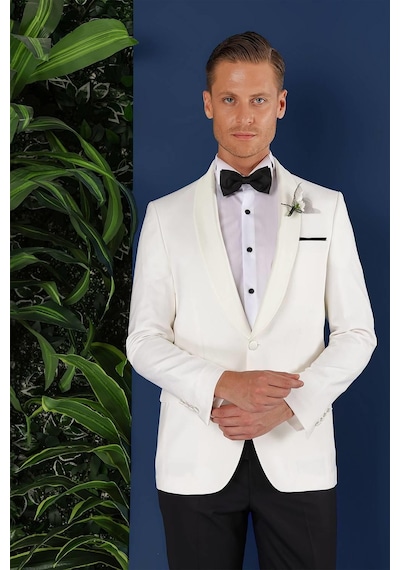 Efor Black 034 Slim Fit Saten Yaka Çift Yırtmaçlı Damatlık Ekru Smokin Ceket Ekru