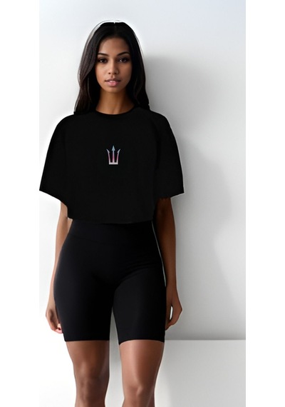 Pose I Down Active Oversize Crop Kadın T-shirt Siyah