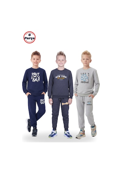Fyk Kids 3'lü Yuvarlak Yaka Baskı Detaylı 6 Parça Erkek Çocuk Eşofman Takımı Füme - Lacivert Fyk Kids 3'lü Yuvarlak Yaka Baskı Detaylı 6 Parça Erkek Çocuk Eşofman Takımı Füme - Lacivert