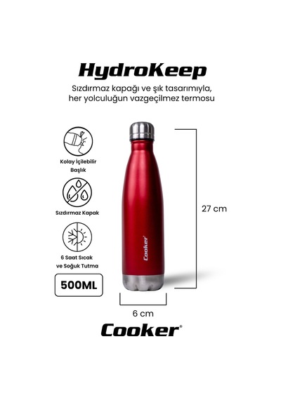 Cooker Hydrokeep 500 Ml Paslanmaz Çelik Şişe Termos Ckr2071 Kırmızı