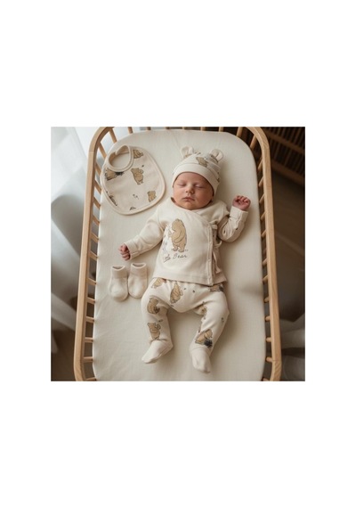 Minicayzen Little Bear Baskılı 5'li Bebek Hastane Çıkışı Yenidoğan Zıbın Seti Sütlü Kahve Sütlü Kahve