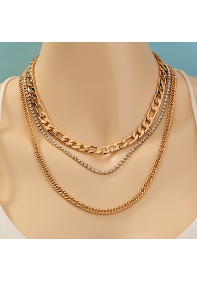 Chavin 3 Katmanlı Taşlı Gold Alloy Kadın Zincir Kolye En19 Altın