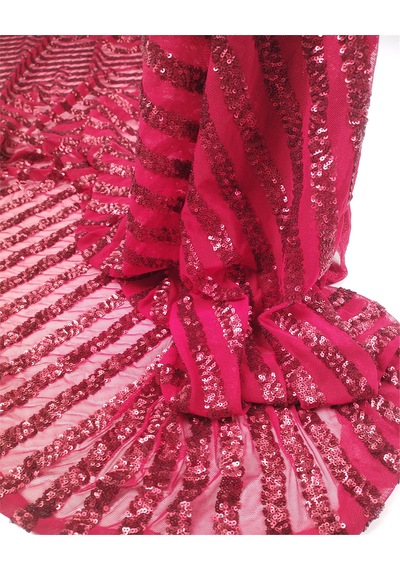 Kırmızı Renkte File Üzeri Enine Pul Payet İşlemeli Kumaş Elbiselik & Bluzluk 125x225cm-12550