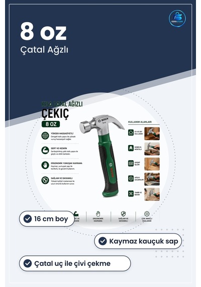 Çekiç Kısa Çatal Ağızlı 8 Oz 16 Cm Ergonomik Yumuşak Sap Htaş Mar